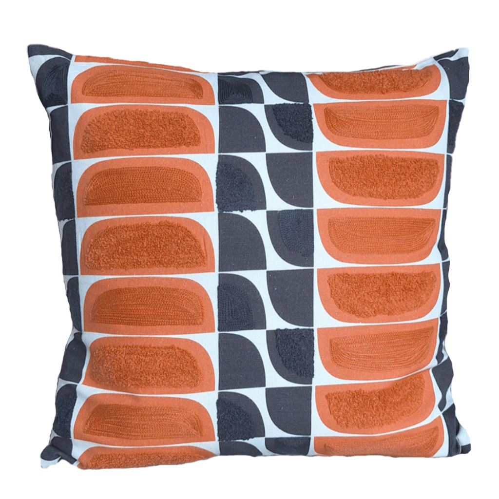 Kivi Embroidered Cushion featuring vibrant patterns and textures in warm tones, perfect for adding style to your home decor.