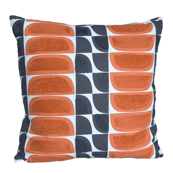 Kivi Embroidered Cushion featuring vibrant patterns and textures in warm tones, perfect for adding style to your home decor.