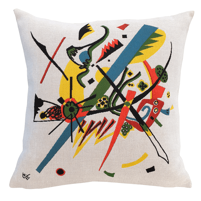 Kandinsky Cushion - Klein Welten I (1922) featuring a vibrant abstract design with multiple colors on a white background, inspired by Kandinsky painting