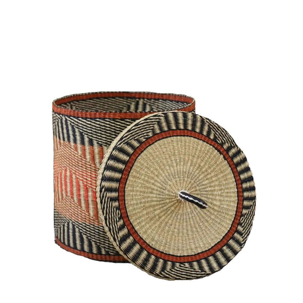 Baba Tree Handwoven Lidded Laundry Basket 00036 with black, orange and natural pattern made of elephant grass in Ghana