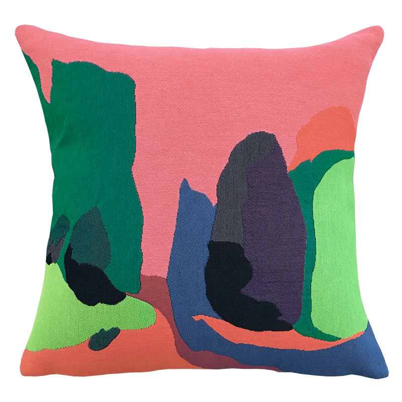 Colorful abstract Florent Groc Cushion - Massif de l'Etoile with pink, green, blue, and black shapes, artwork by artist Florent Groc