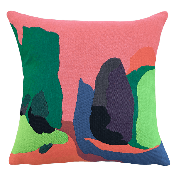 Colorful abstract Florent Groc Cushion - Massif de l'Etoile with pink, green, blue, and black shapes, artwork by artist Florent Groc