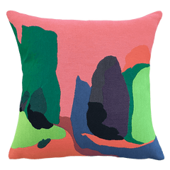 Colorful abstract Florent Groc Cushion - Massif de l'Etoile with pink, green, blue, and black shapes, artwork by artist Florent Groc