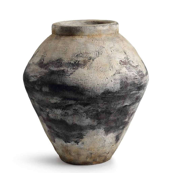 A large ceramic floor pot with a rustic finish. The vase has a glazed interior and a hand-brushed exterior with black and beige tones.
