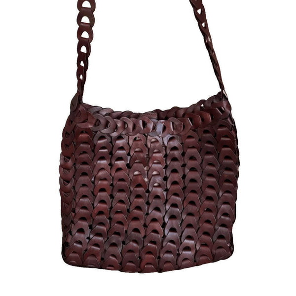 NS Link Tote Bruciato crossbody handbag with a textured, chain-like pattern made from recycled buffalo leather.