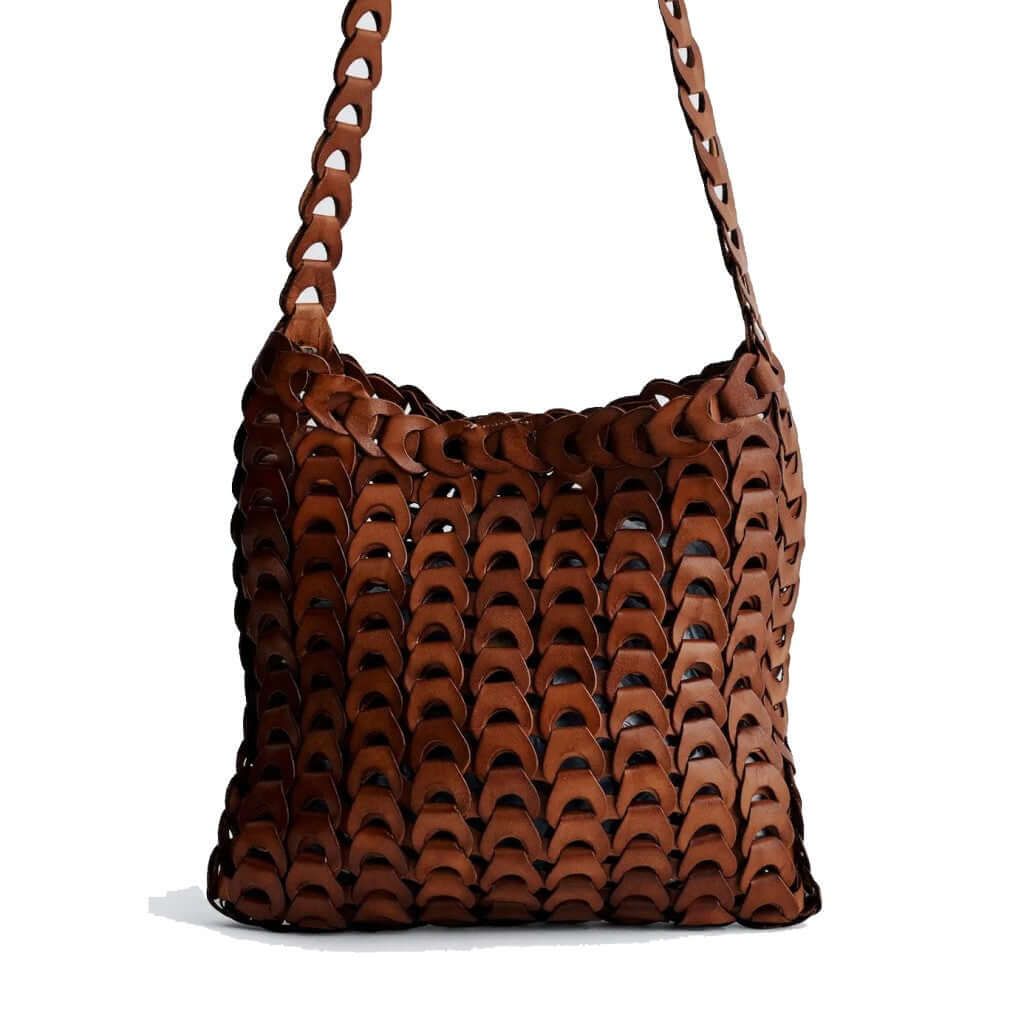 Dragon Diffusion NS Link Tote Tan crossbody handbag with a textured, chain-like pattern made from recycled buffalo leather.