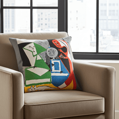 Picasso Cushion - Las Meninas No 43 (1957) with an abstract art design featuring multiple colors including green, blue, red, and white, based on a Picasso painting.