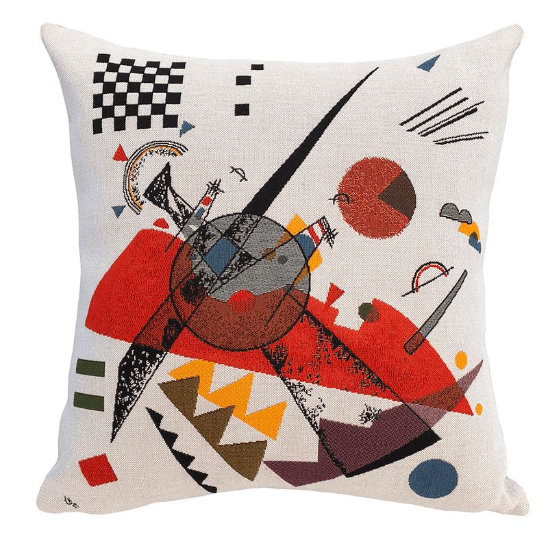 Kandinsky Cushion - Orange (1923) with a vibrant geometric pattern featuring various shapes in red, orange, and other colors on a light background, inspired by Kandinsky painting
