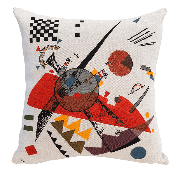 Kandinsky Cushion - Orange (1923) with a vibrant geometric pattern featuring various shapes in red, orange, and other colors on a light background, inspired by Kandinsky painting
