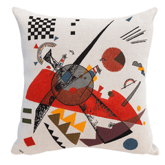 Kandinsky Cushion - Orange (1923) with a vibrant geometric pattern featuring various shapes in red, orange, and other colors on a light background, inspired by Kandinsky painting