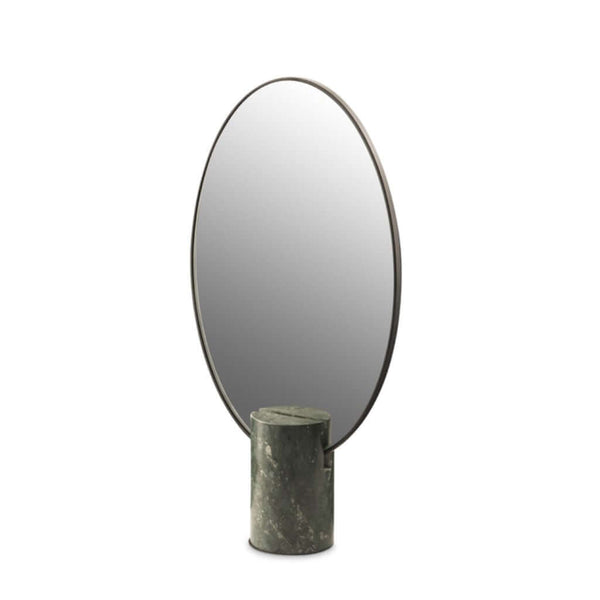 An oval mirror with a dark green marble base and a plated iron frame, by Pols Potten