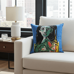 Picasso Cushion - Buste de Femme Jacqueline (1963) featuring a colorful depiction of a female figure's face and body in an abstract style.
