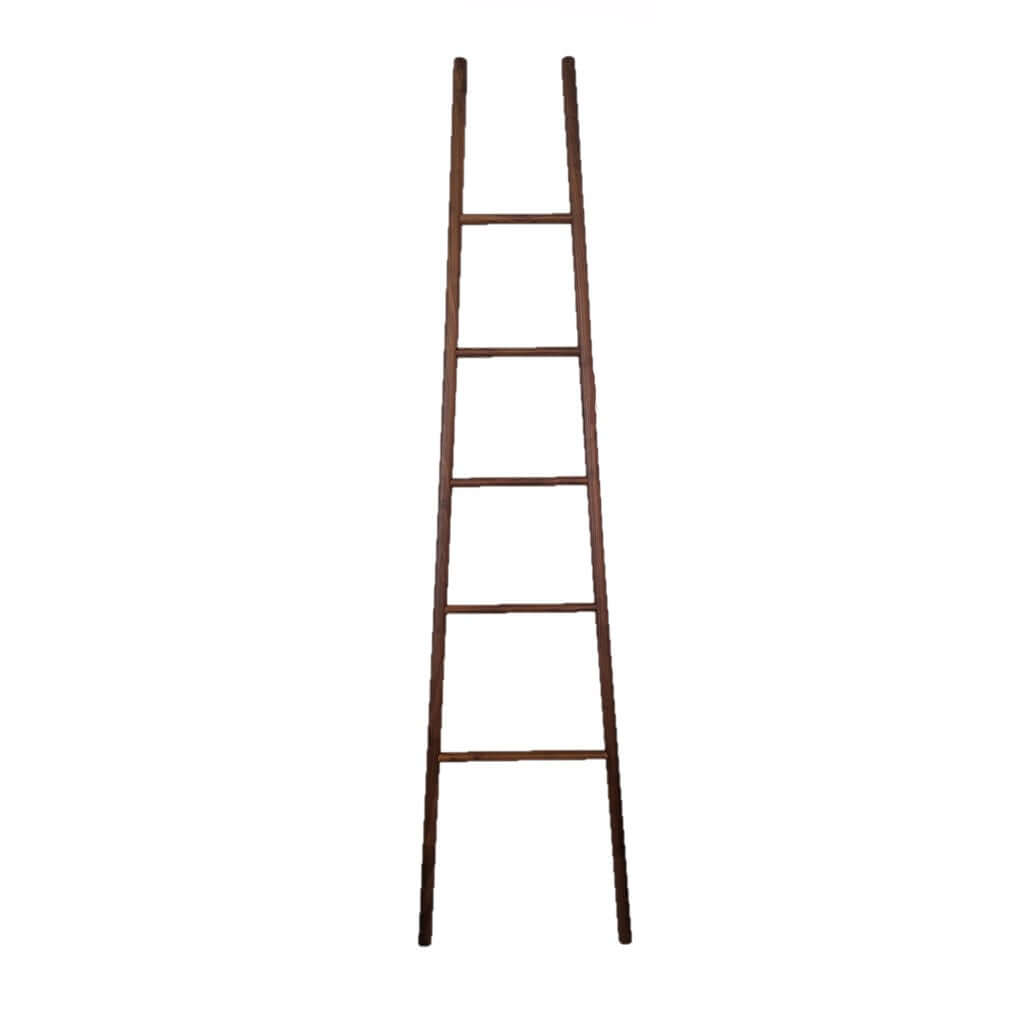 A seven feet tall solid walnut wood ladder with five rungs, designed to stand against a wall for hanging towels or clothes.