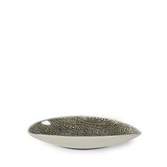 Pebble Olive Dish Black with decorative patterns, by Wonki Ware