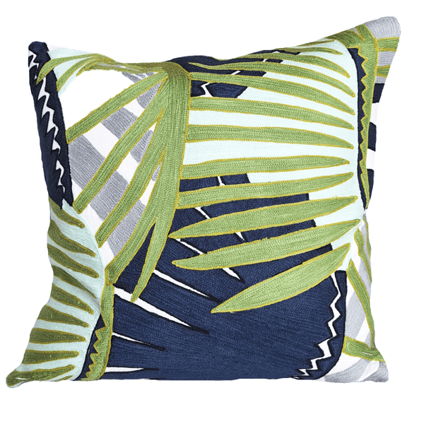 Pinna Embroidered Cushion 45x45cm with vibrant green and navy leaf design, perfect for adding personality to interiors.