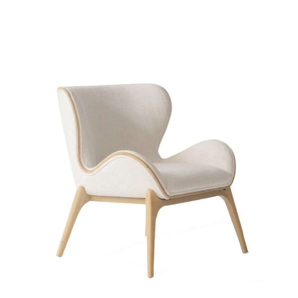 An armchair with a light wood base and off-white fabric upholstery.