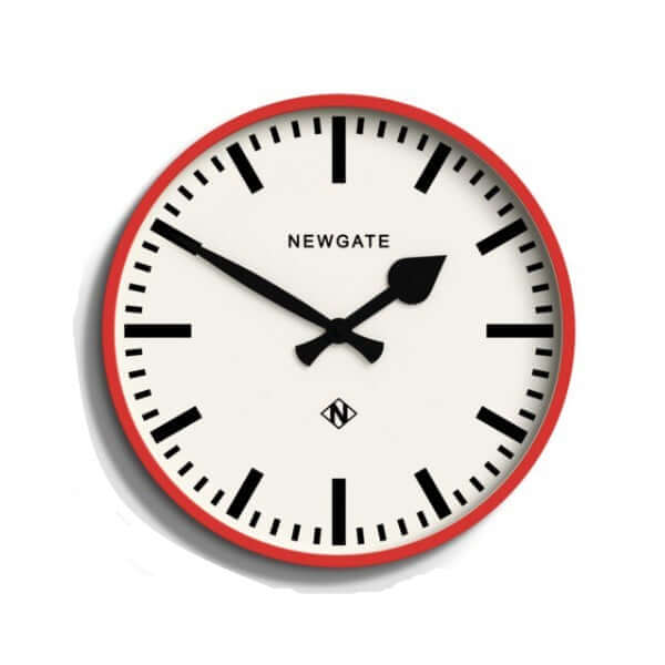 Newgate Railway Wall Clock Red with a white dial, black markers, and metal hands. The clock has the 'NEWGATE' brand logo at the bottom.