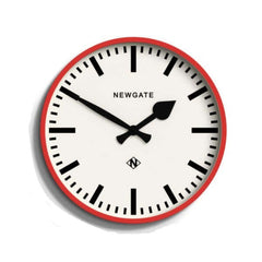 Newgate Railway Wall Clock Red with a white dial, black markers, and metal hands. The clock has the 'NEWGATE' brand logo at the bottom.