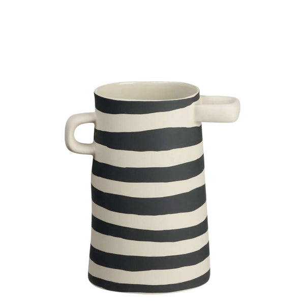 A striped beige and black ceramic vase with an asymmetrical form and a matte finish, by ASA selection