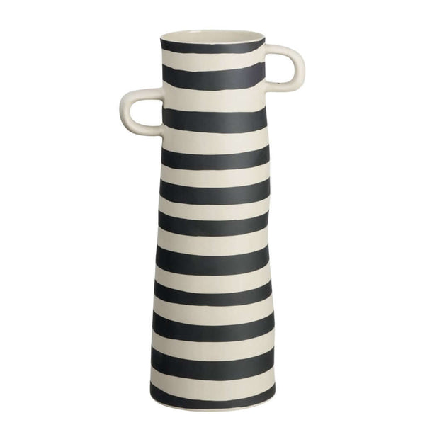 A striped beige and black ceramic vase with an asymmetrical form and a matte finish, by ASA selection