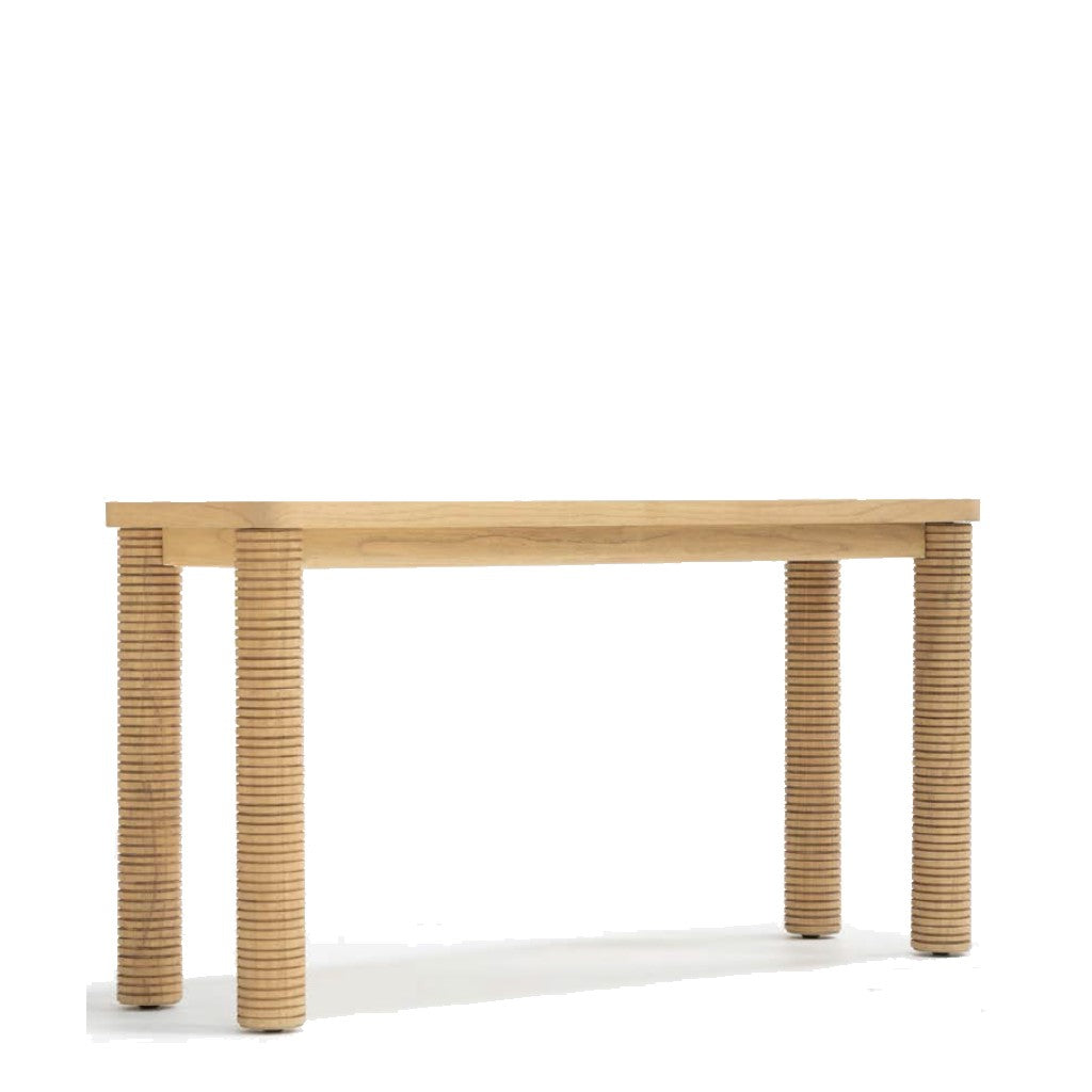 A rectangular wooden console table with four round legs featuring a grooves pattern.
