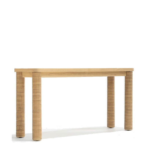 A rectangular wooden console table with four round legs featuring a grooves pattern.