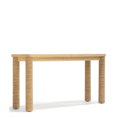 A rectangular wooden console table with four round legs featuring a grooves pattern.