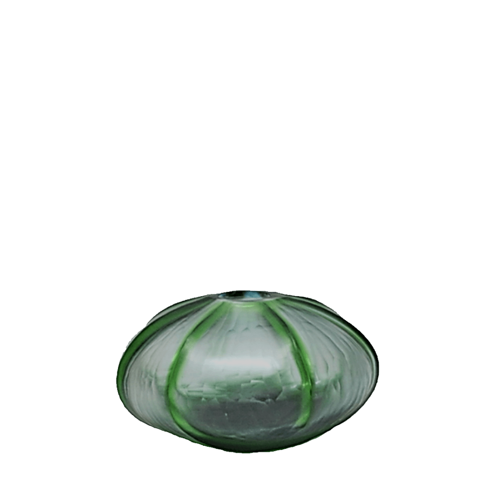Rockpool Vase 10cm with a rounded, dome-like shape, featuring a translucent white body with green ribbed accents 