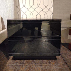 A black modern Roma Nightstand with two deep drawers, made of mirror glass on MDF.