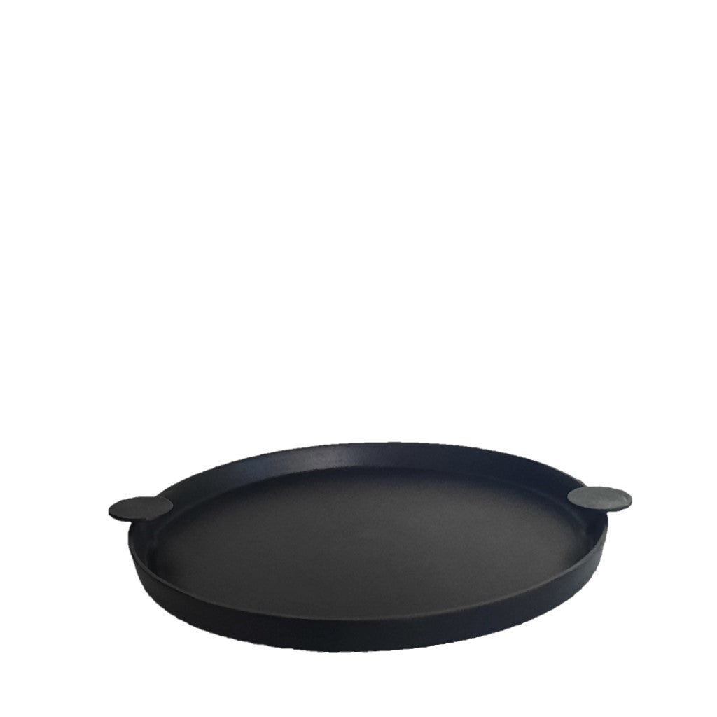 Round Aluminium Tray 40cm Blackish Bronze with handles on the sides.