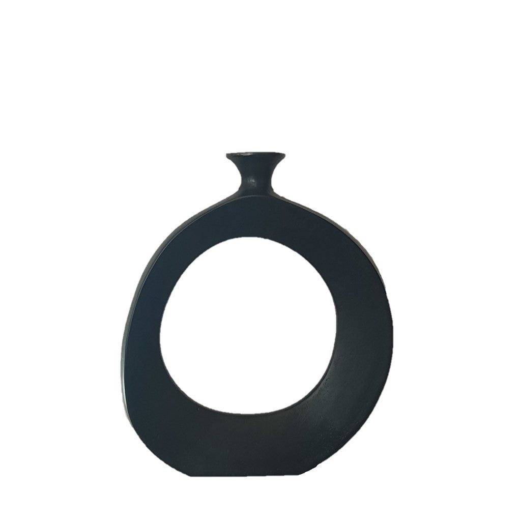 Round Aluminium Vase 31cm Blackish Bronze with an abstract shape, suitable for use as a decorative piece on a shelf, tabletop, or credenza.
