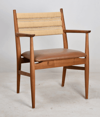 Teak Roxita Armchair Danish Cord Natural with woven cord backrest and tan leather cushion