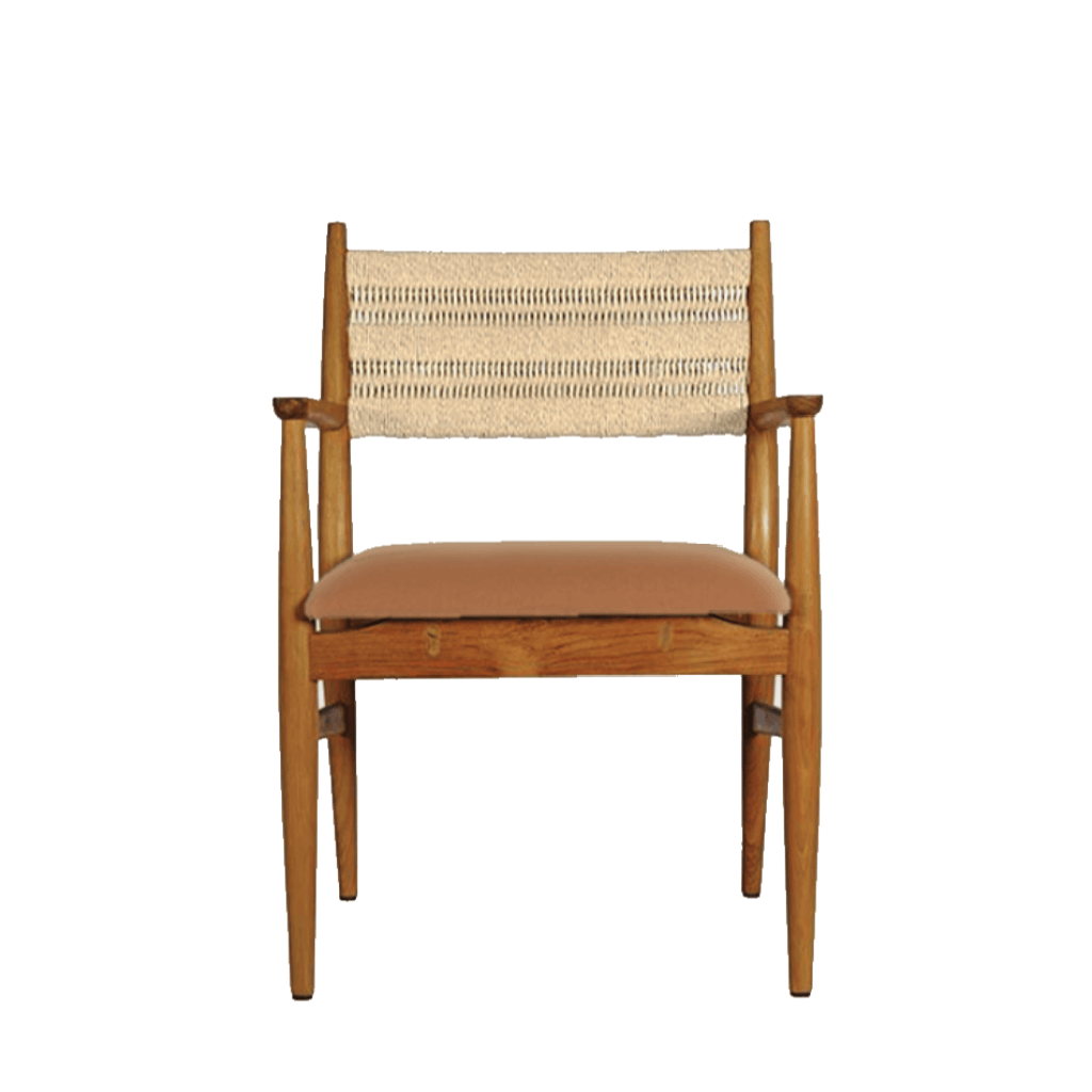 Teak Roxita Armchair Danish Cord Natural with woven cord backrest and tan leather cushion