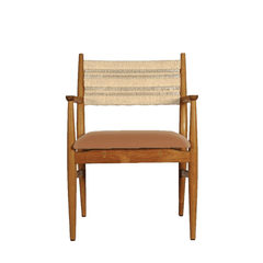 Teak Roxita Armchair Danish Cord Natural with woven cord backrest and tan leather cushion