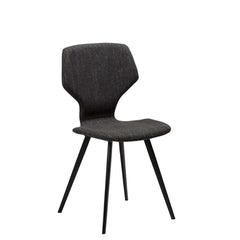 A contemporary style black upholstered dining chair with black metal legs.