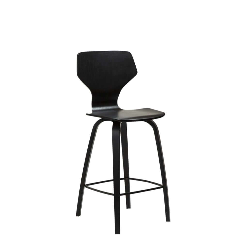 A black counter stool with a hard backrest and a bentwood seat, featuring black stained oak with black stained oak legs.