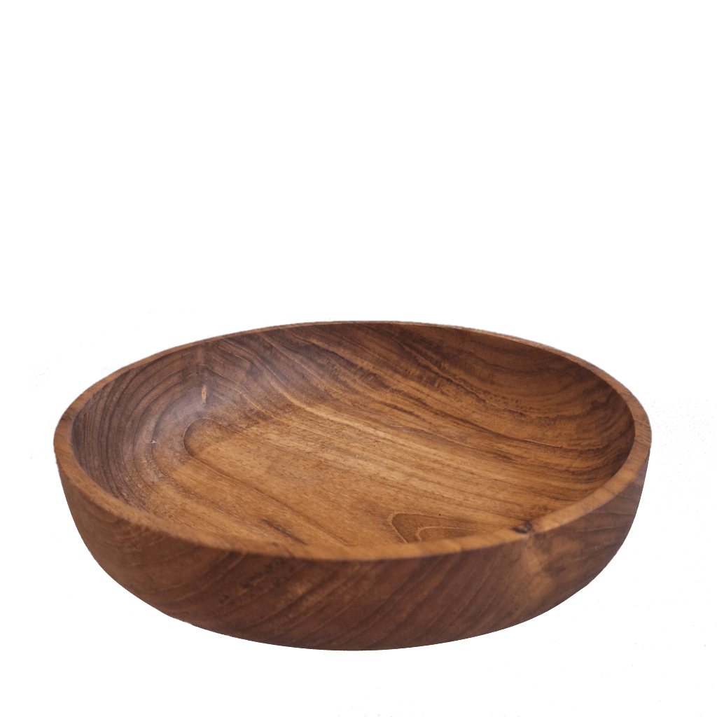 Handcrafted Salad Bowl Large Teak with a wide, shallow form and striking natural grain. A beautiful and functional piece for everyday dining and home styling.