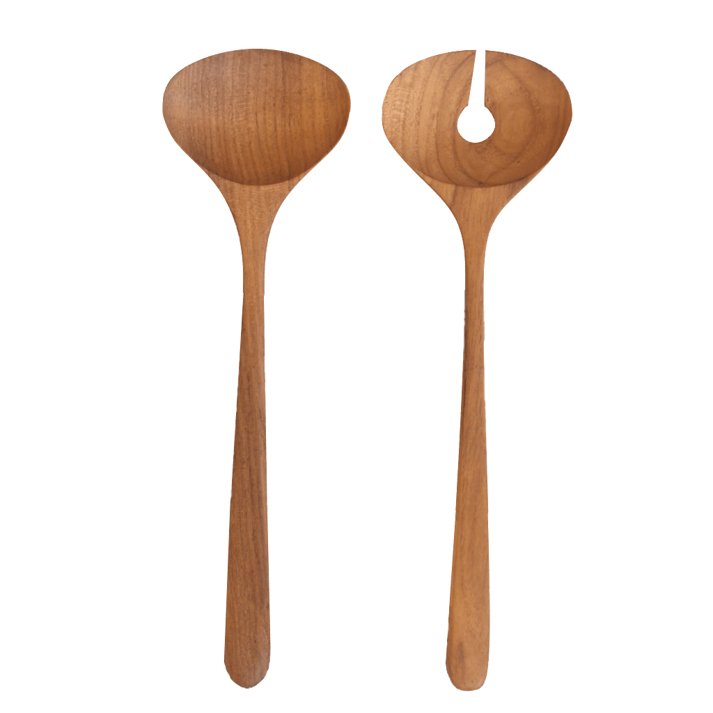 Handcrafted Salad Server Set Large Teak, spoon and fork, with a rounded form and natural grain. A practical and beautiful addition to any kitchen or table setting.