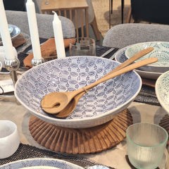 Handcrafted Salad Server Set Large Teak, spoon and fork, with a rounded form and natural grain. A practical and beautiful addition to any kitchen or table setting.