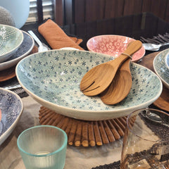 Handcrafted Salad Server Set Small Teak, spoon and fork, with a rounded form and natural grain. A practical and beautiful addition to any kitchen or table setting.