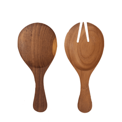 Handcrafted Salad Server Set Small Teak, spoon and fork, with a rounded form and natural grain. A practical and beautiful addition to any kitchen or table setting.