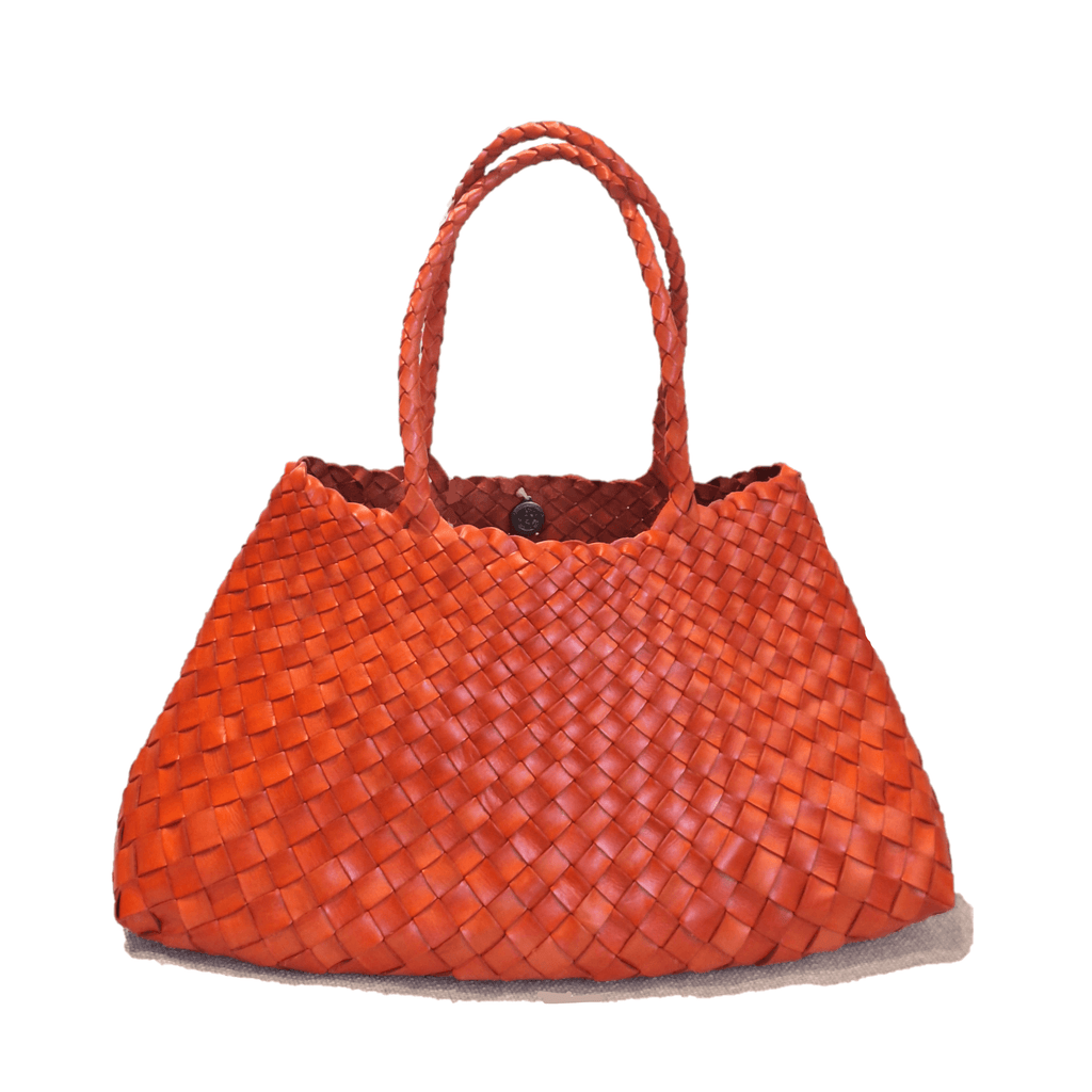 Dragon Diffusion Santa Croce Big Orange with asymmetric leather straps and a woven basket-like design.
