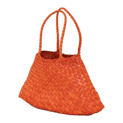 Dragon Diffusion Santa Croce Big Orange with asymmetric leather straps and a woven basket-like design.