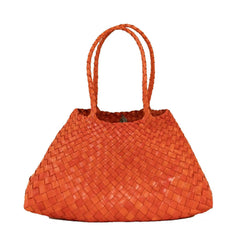 Dragon Diffusion Santa Croce Big Orange with asymmetric leather straps and a woven basket-like design.