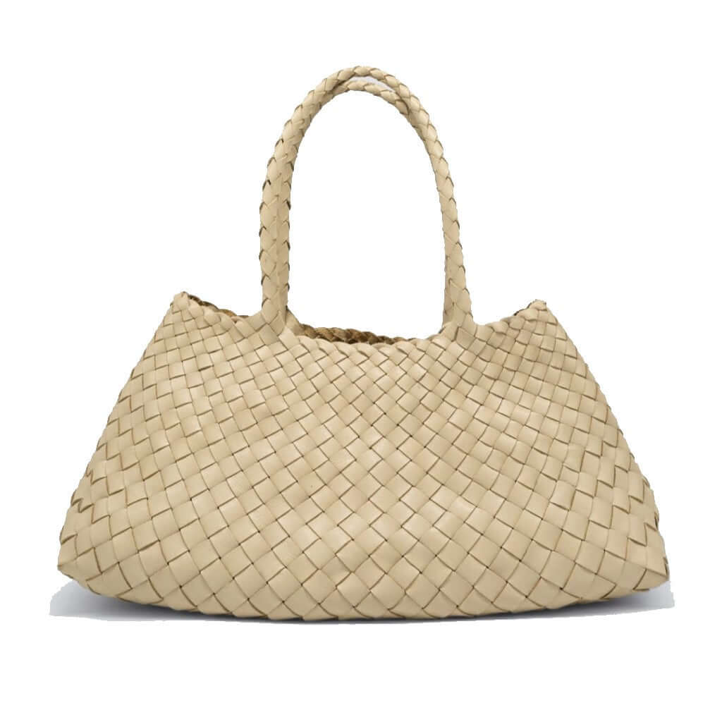 Dragon Diffusion Santa Croce Big Pearl with asymmetric leather straps and a woven basket-like design.