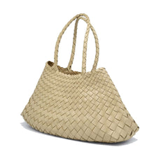 Dragon Diffusion Santa Croce Big Pearl with asymmetric leather straps and a woven basket-like design.