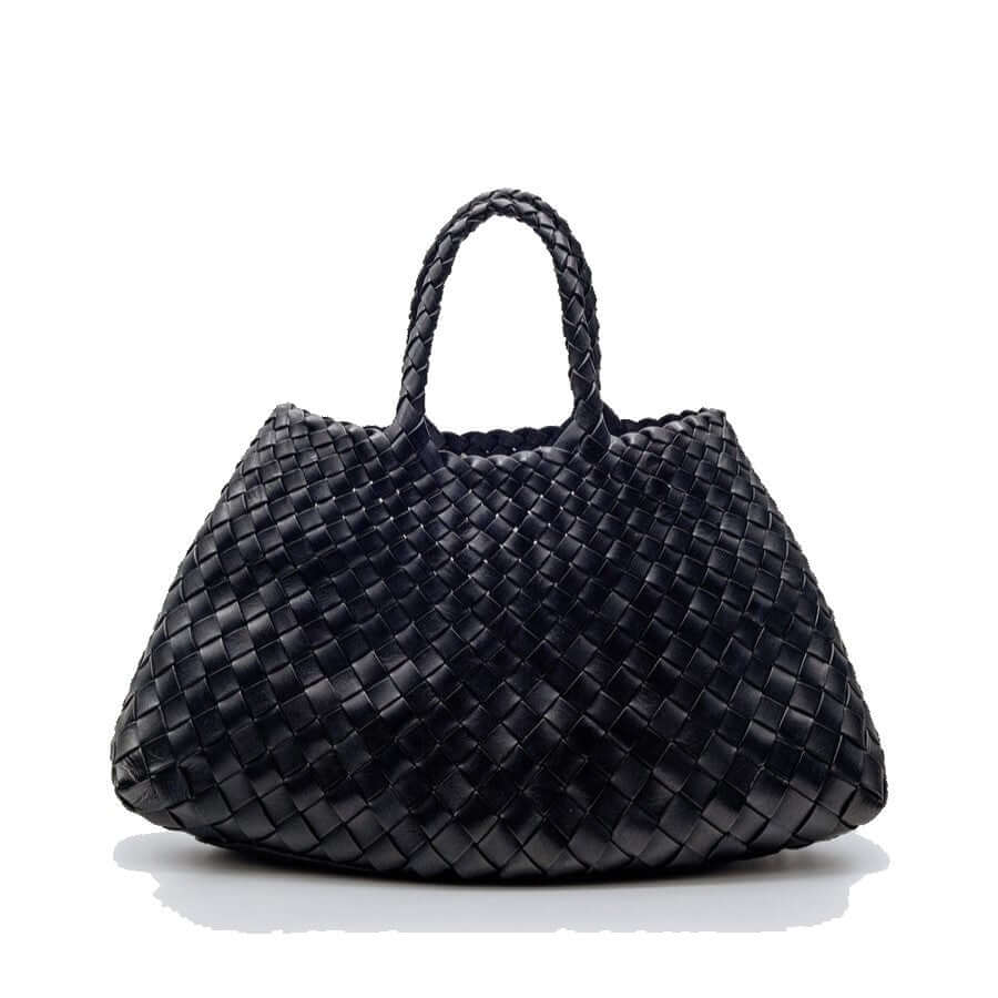 Dragon Diffusion Santa Croce Small Black with asymmetric leather straps and a woven basket-like design.