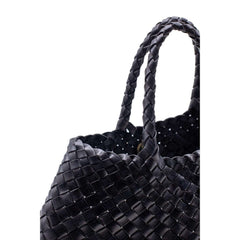 Dragon Diffusion Santa Croce Small Black with asymmetric leather straps and a woven basket-like design.