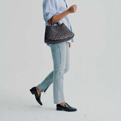 Dragon Diffusion Santa Croce Small Black with asymmetric leather straps and a woven basket-like design.