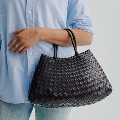 Dragon Diffusion Santa Croce Small Black with asymmetric leather straps and a woven basket-like design.